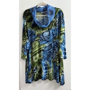 Susan Graver Womens 3X  Liquid Knit Tunic Top Cowl Neck Animal Print Blue Boho